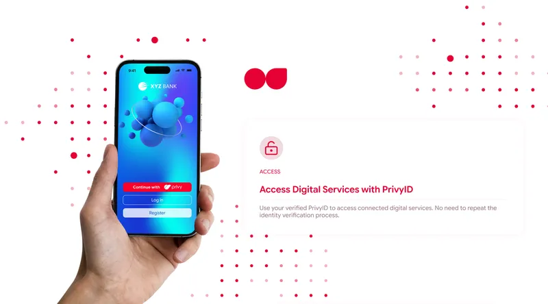 A demonstration banking app on a phone offering 'Continue with Privy' sign-in, beside the 'Access digital services with PrivyID' feature summary