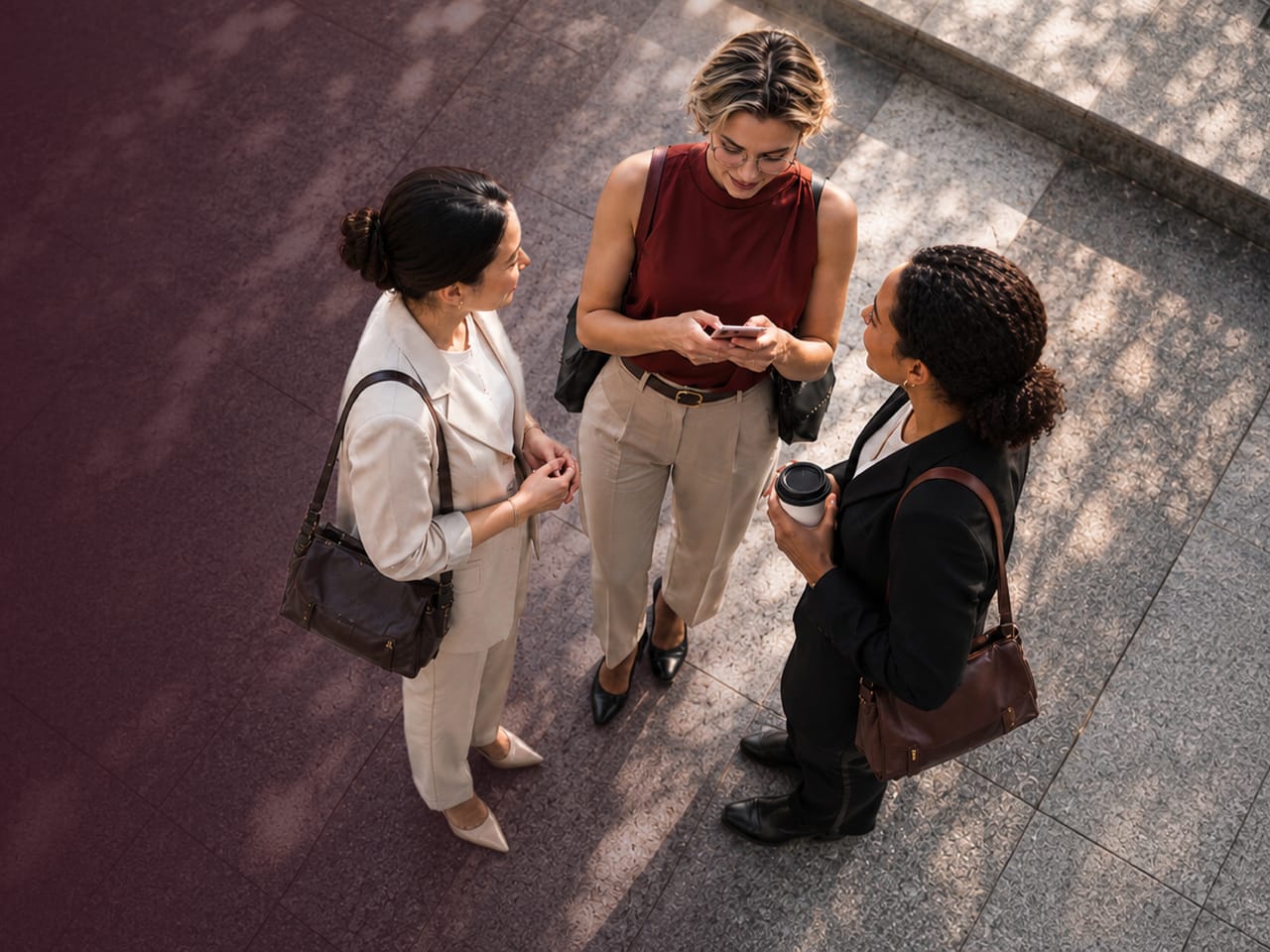 Three colleagues talking together on a sunlit plaza, one checking her phone