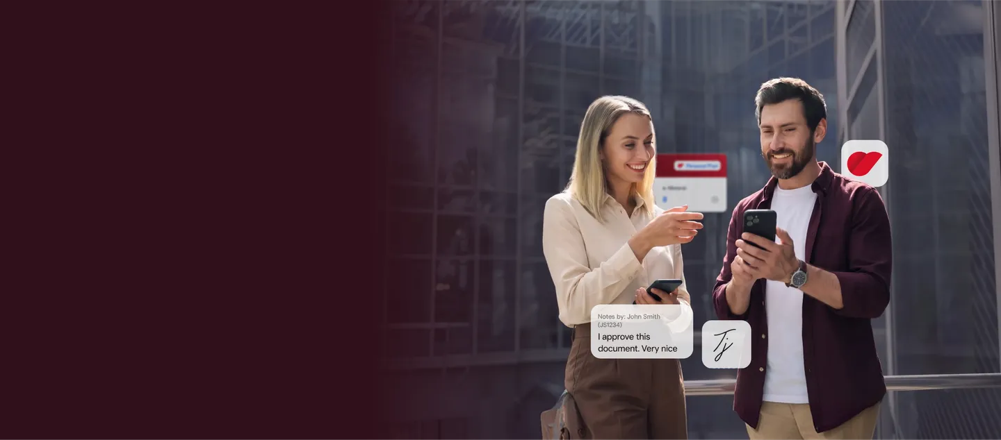 Two colleagues smiling at their phones, with a signed-approval note and a Privy signature panel floating beside them