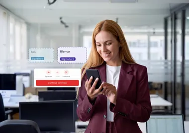 A woman signing on her phone while a signature request panel is shown beside her