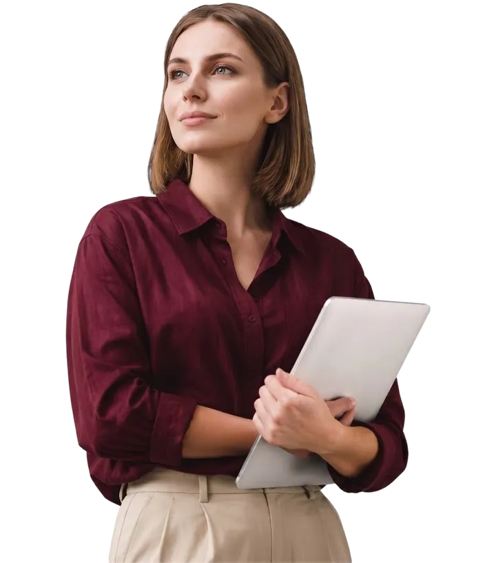 A woman holding a tablet, looking ahead with quiet confidence