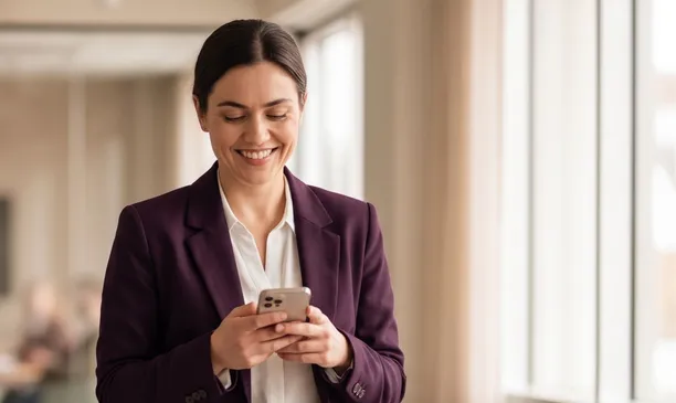 A woman in a burgundy blazer smiling at her phone, beside an account card marked as verified