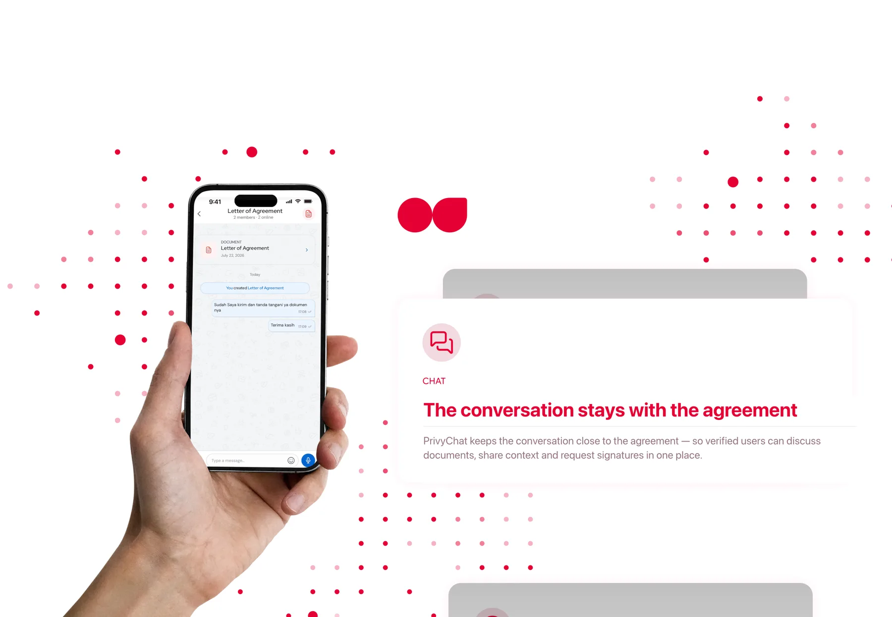 PrivyChat on a phone held in a hand: a conversation attached to a letter of agreement, beside its feature summary
