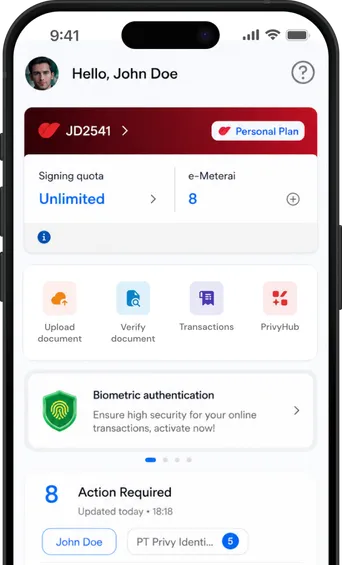 The Privy app home screen on a phone: signing quota, shortcuts and actions waiting for review