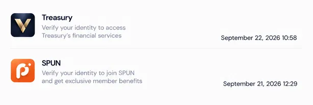 Two verification requests in the Privy app, Treasury and SPUN, each asking to verify your identity, with their dates