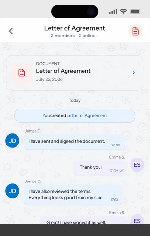 PrivyChat on a phone: a conversation between James D. and Emma S. attached to a Letter of Agreement