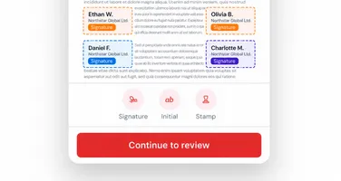 An agreement with signature fields for four signers and a Continue to review button