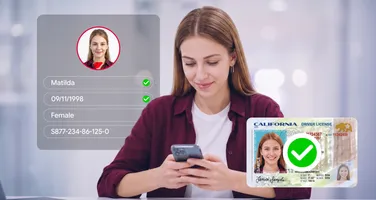 A woman on her phone beside a matched identity document and a card of checked details