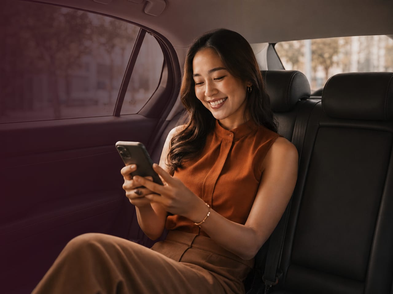 A woman reviewing a document on her phone from the back seat of a car