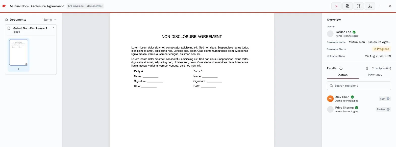 A document open in Privy: the agreement page alongside its owner, status and verified recipients