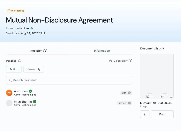 Envelope detail in Privy: a non-disclosure agreement in progress, with two verified recipients and their signing roles